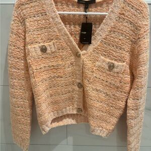 Maje Peach Tweed Bouclé V-Neck Button Cardigan